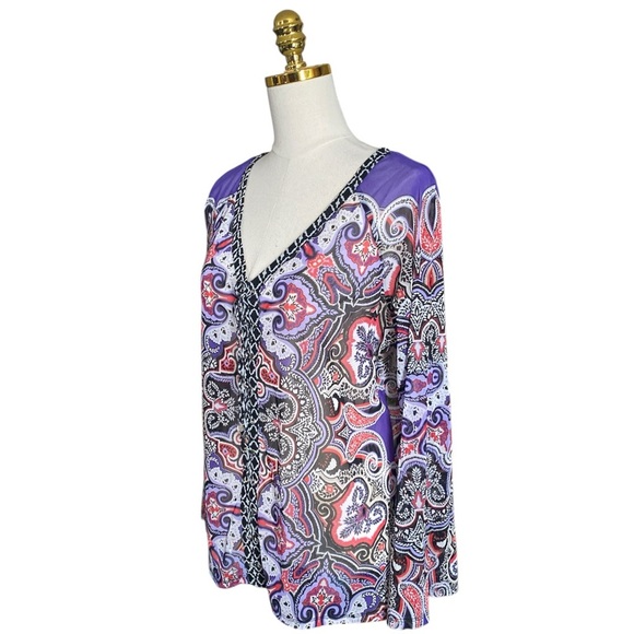 INC International Concepts Vtg Paisley Print Lace-Up Long Sleeve Mesh Y2K Top XL - Picture 3 of 6